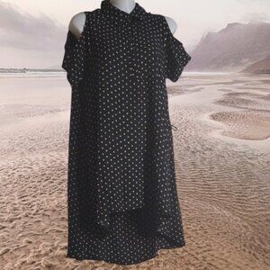 Lily White Size Small Black and Cream/Tan Polka Dot High Low Cold Shoulder Dress